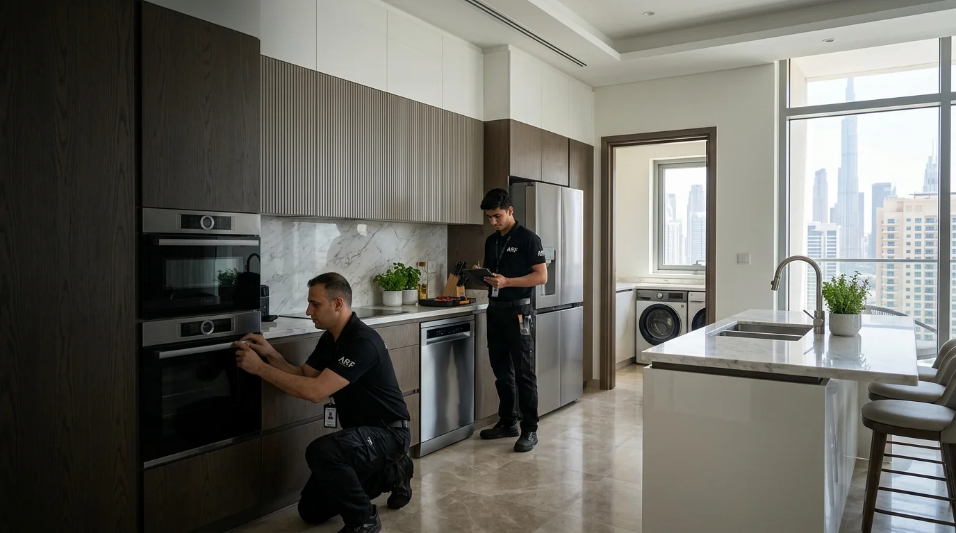 Appliance Repair Facility technicians in black ARF uniforms repairing a built-in oven and fridge in a Dubai kitchen